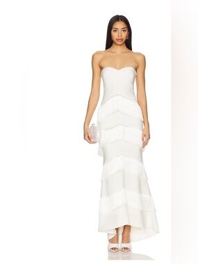 House of Harlow White Strapless Fringe Tiered Maxi Gown